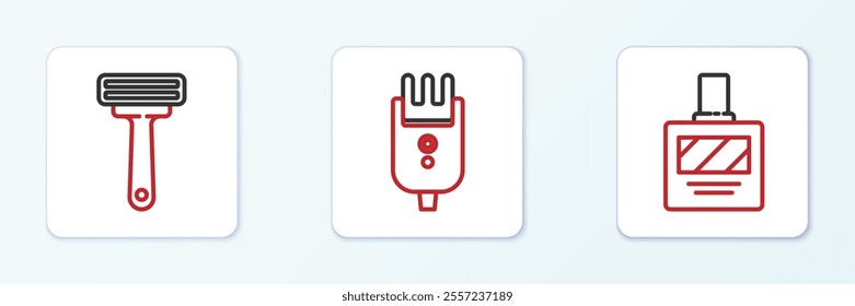 Set line Aftershave, Shaving razor and Electrical hair clipper shaver icon. Vector