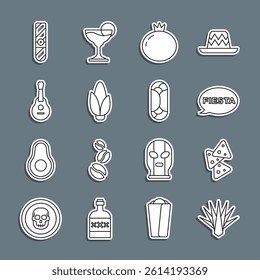 Set line Agave, Nachos, Fiesta, Tomato, Corn, Mexican guitar, Cigar and Burrito icon. Vector