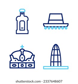 Set line Agbar tower, Crown of spain, Spanish hat and Orujo icon. Vector