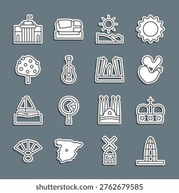 Set line Agbar tower, Crown of spain, Spanish wineskin, Beach, guitar, Orange tree, Prado museum and Gate Europe icon. Vector