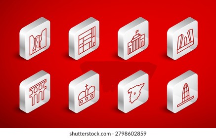 Set line Agbar tower, House Edificio Mirador, Prado museum, Gate of Europe, Map Spain, Algar waterfall, Crown spain and Aqueduct Segovia icon. Vector