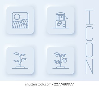 Set line Agriculture wheat field farm, Well, Sprout and . White square button. Vector