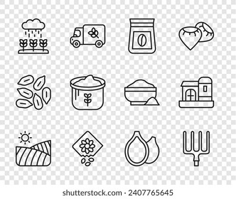 Set line Agriculture wheat field, Garden pitchfork, Bag of coffee beans, Pack full seeds plant, Plant sprouts grow in the rain, flour, Pumpkin and Farm house icon. Vector