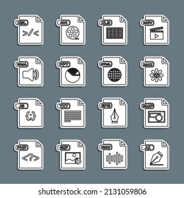 Set line AI file document, BMP, MAX, XLS, PPT, WMA, XSL and HTML icon. Vector