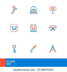 Set line Air blower bellows, Welding torch, Old key, Crossed hammer, Blacksmith anvil tool, Medieval poleaxe and oven icon. Vector