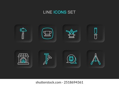 Set line Air blower bellows, Horseshoe, Metallic nails, Blacksmith oven, Rasp metal file, Anvil and hammer, anvil tool and Hammer icon. Vector