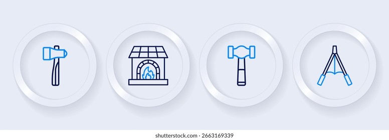 Set line Air blower bellows, Hammer, Blacksmith oven and  icon. Vector