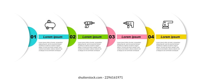 Set line Air compressor, Electric cordless screwdriver, drill machine and sander. Business infographic template. Vector