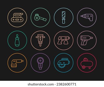 Set line Air compressor, Electric cordless screwdriver, Rasp metal file, Construction jackhammer, Screwdriver, planer tool, Paint spray gun and Leaf garden blower icon. Vector