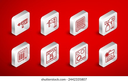 Set line Luftkompressor, Elektrische Bohrmaschine, Heizung, Farbspritzpistole, Gasherd, Drehhammer, Kaffee und Tasse und Telefon-Symbol. Vektor