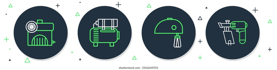 Set line Air compressor, Electric mixer,  and Nail gun icon. Vector