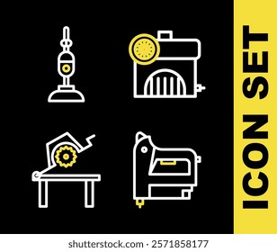 Set line Air compressor, Electric construction stapler, Table saw for woodwork and Vacuum cleaner icon. Vector