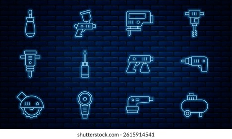 Set line Air compressor, Electric cordless screwdriver, jigsaw, Screwdriver, Construction jackhammer, Paint spray gun and  icon. Vector
