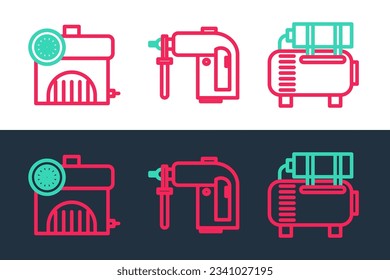 Set line Air compressor,  and Rotary hammer drill machine icon. Vector