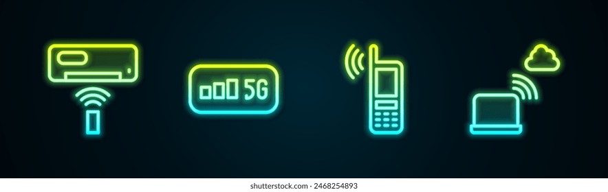 Set line Air conditioner, 5G wireless internet, Mobile with wi-fi and Network cloud connection. Glowing neon icon. Vector