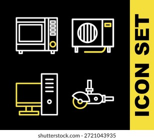 Ajuste el aire acondicionado de línea, amoladora angular, monitor de computadora e icono de horno de microondas. Vector