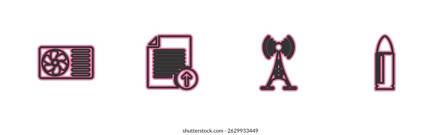 Set line Air conditioner, Antenna, Upload file and Bullet icon. Vector