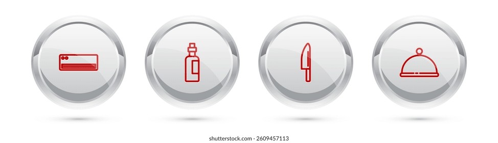 Set line Air conditioner, Bottle of olive oil, Knife and Covered with tray. Silver circle button. Vector
