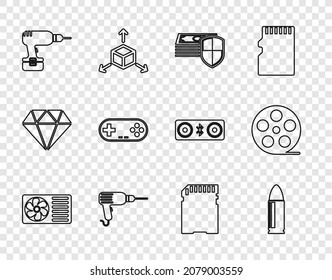 Fijar línea Acondicionador de aire, Bullet, Protección de dinero, Máquina de perforación, Gamepad, tarjeta SD e icono del carrete de película. Vector