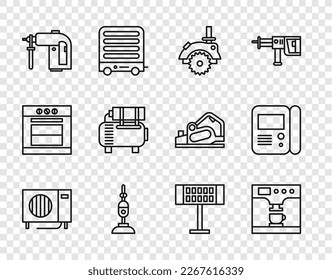 Set line Air conditioner, Coffee machine and cup, Electric circular saw, Vacuum cleaner, Rotary hammer drill, compressor, heater and House intercom system icon. Vector