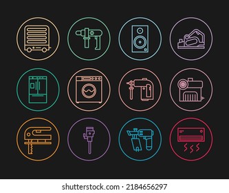 Set line Air conditioner, compressor, Stereo speaker, Washer, Refrigerator, Electric heater, Rotary hammer drill machine and  icon. Vector