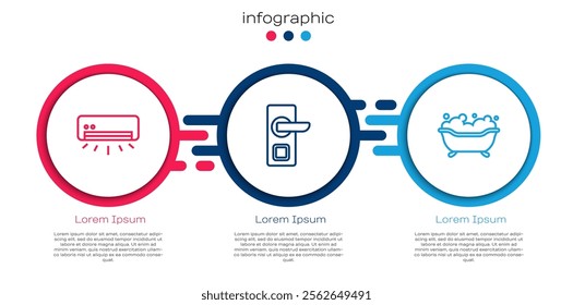 Set line Air conditioner, Digital door lock and Bathtub. Business infographic template. Vector