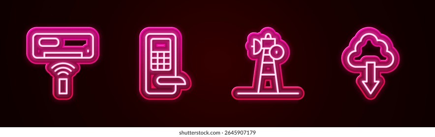 Set line Air conditioner, Digital door lock, Satellite dish and Cloud download. Glowing neon icon. Vector