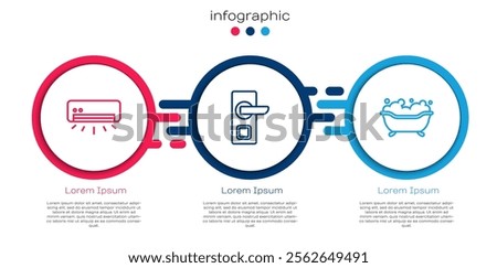 Set line Air conditioner, Digital door lock and Bathtub. Business infographic template. Vector