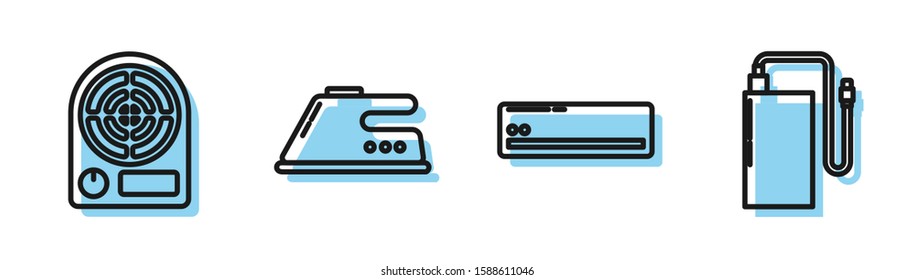 Set line Air conditioner , Electric heater , Electric iron  and Power bank with different charge cable  icon. Vector