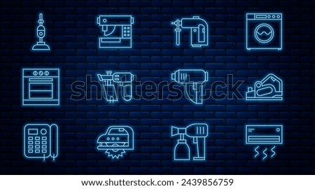 Set line Air conditioner, Electric planer tool, Rotary hammer drill machine, Nail gun, Oven, Vacuum cleaner, industrial dryer and Sewing icon. Vector