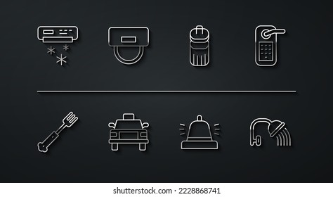 Set-Line Klimaanlage, Gabel, Digital Türschloss, Hotelservice Glocke, Taxi Auto, Bellboy Hut, Duschkopf und Müll kann Ikone. Vektorgrafik