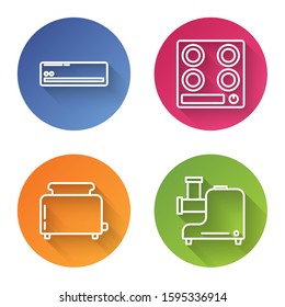 Set line Air conditioner , Gas stove , Toaster with toasts  and Kitchen meat grinder . Color circle button. Vector