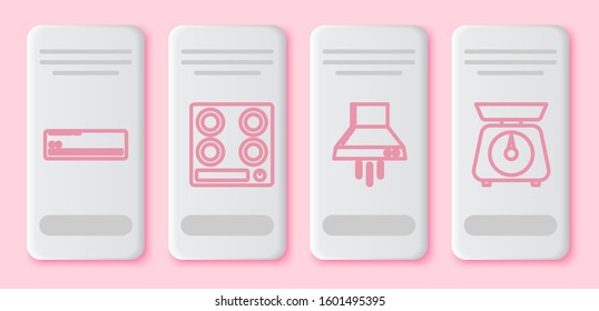 Set line Air conditioner , Gas stove , Kitchen extractor fan  and Scales . White rectangle button. Vector