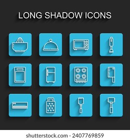 Set line Air conditioner, Grater, Citrus fruit juicer, Spatula, Kitchen hammer, Refrigerator, Meat chopper and Gas stove icon. Vector