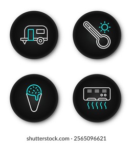 Set line Air conditioner, Ice cream in waffle cone, Meteorology thermometer and Rv Camping trailer icon. Vector