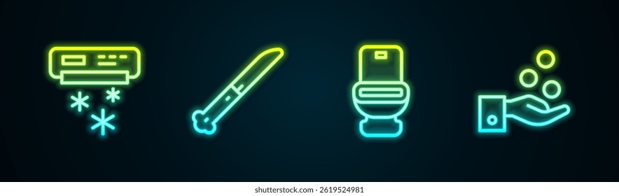 Set line Air conditioner, Knife, Toilet bowl and Paying tips. Glowing neon icon. Vector