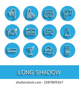 Set line Air conditioner, Martini glass, Shower, Five stars rating review, Please do not disturb, Hotel service bell and Sofa icon. Vector