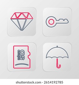 Set line Air conditioner, Micro SD memory card, Diamond and Umbrella icon. Vector