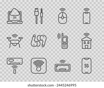 Set line Klimaanlage, Mobile mit 5G, Wireless-Computermaus, Wi-Fi-Wireless-Internet, Netzwerk-Cloud-Verbindung, Kopfhörer, Computertastatur und Smart Home Wi-Fi-Symbol. Vektorgrafik