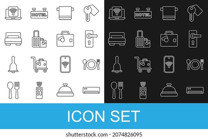 Fijar la línea Acondicionador de aire, Placa, tenedor y cuchillo, Mango de la puerta, Percha para toallas, Maleta, Cama de habitación del hotel, Portátil inalámbrico e icono. Vector