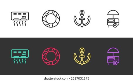 Set line Air conditioner, Rubber swimming ring, Anchor and Fast street food cart on black and white. Vector