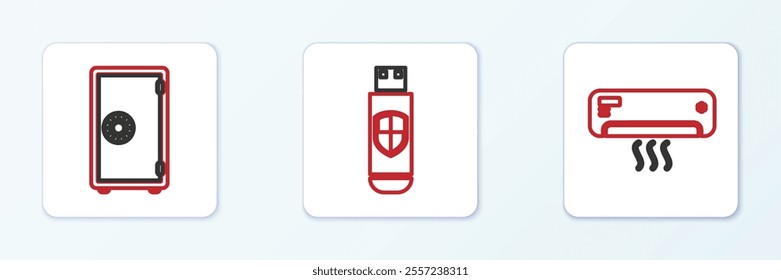 Set line Air conditioner, Safe and USB flash drive and shield icon. Vector