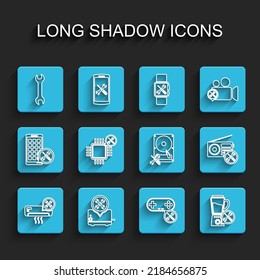 Set line Air conditioner service, Toaster, Wrench, Gamepad, Blender, Processor, Radio and Hard disk drive icon. Vector