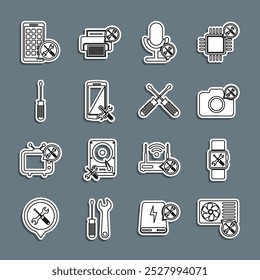 Set line Air conditioner service, Smartwatch, Photo camera, Microphone, Smartphone, Screwdriver, Mobile Apps and Crossed screwdrivers icon. Vector