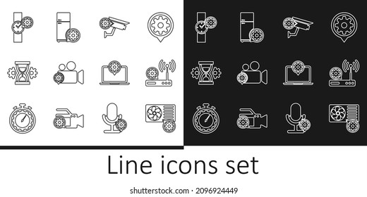 Set line Air conditioner setting, Router and wi-fi, Security camera, Video, Hourglass, Wrist watch, Laptop and Refrigerator icon. Vector