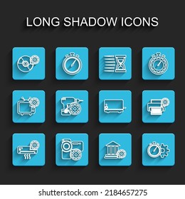 Set line Air conditioner setting, Video camera, CD or DVD disk, Bank building, Time management, Drill machine, Printer and Toaster icon. Vector