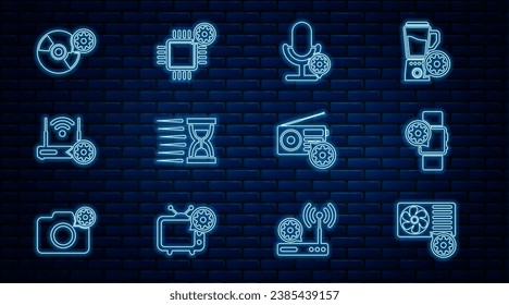 Set line Air conditioner setting, Smartwatch, Microphone, Old hourglass with sand, Router wi-fi, CD or DVD disk, Radio and Processor icon. Vector