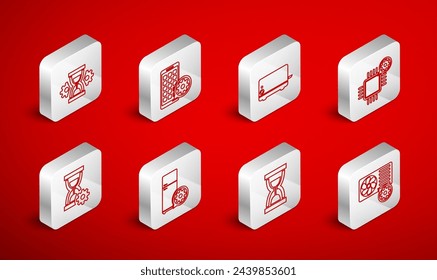 Set line Air conditioner setting, Mobile Apps, Toaster, Processor, Old hourglass with sand, Hourglass, Refrigerator and  icon. Vector