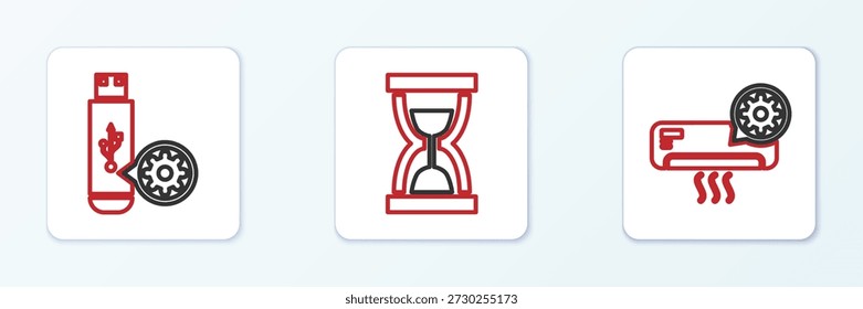 Ajuste del acondicionador de aire, unidad flash USB y reloj de arena antiguo con icono de arena. Vector