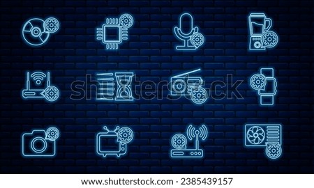Set line Air conditioner setting, Smartwatch, Microphone, Old hourglass with sand, Router wi-fi, CD or DVD disk, Radio and Processor icon. Vector